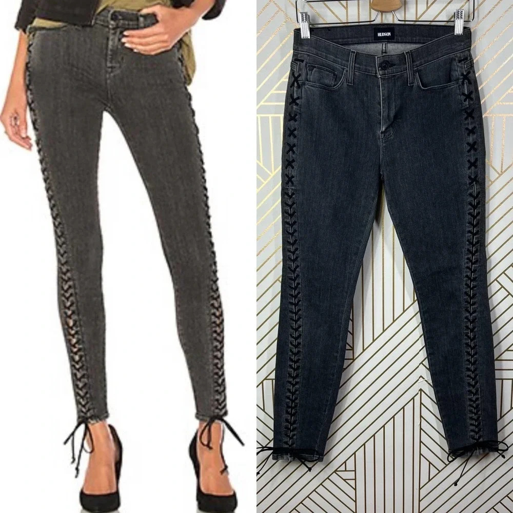 Hudson Jeans The Stevie Midrise Lace Up Skinny Jeans in Vacancy Gray Size US 27